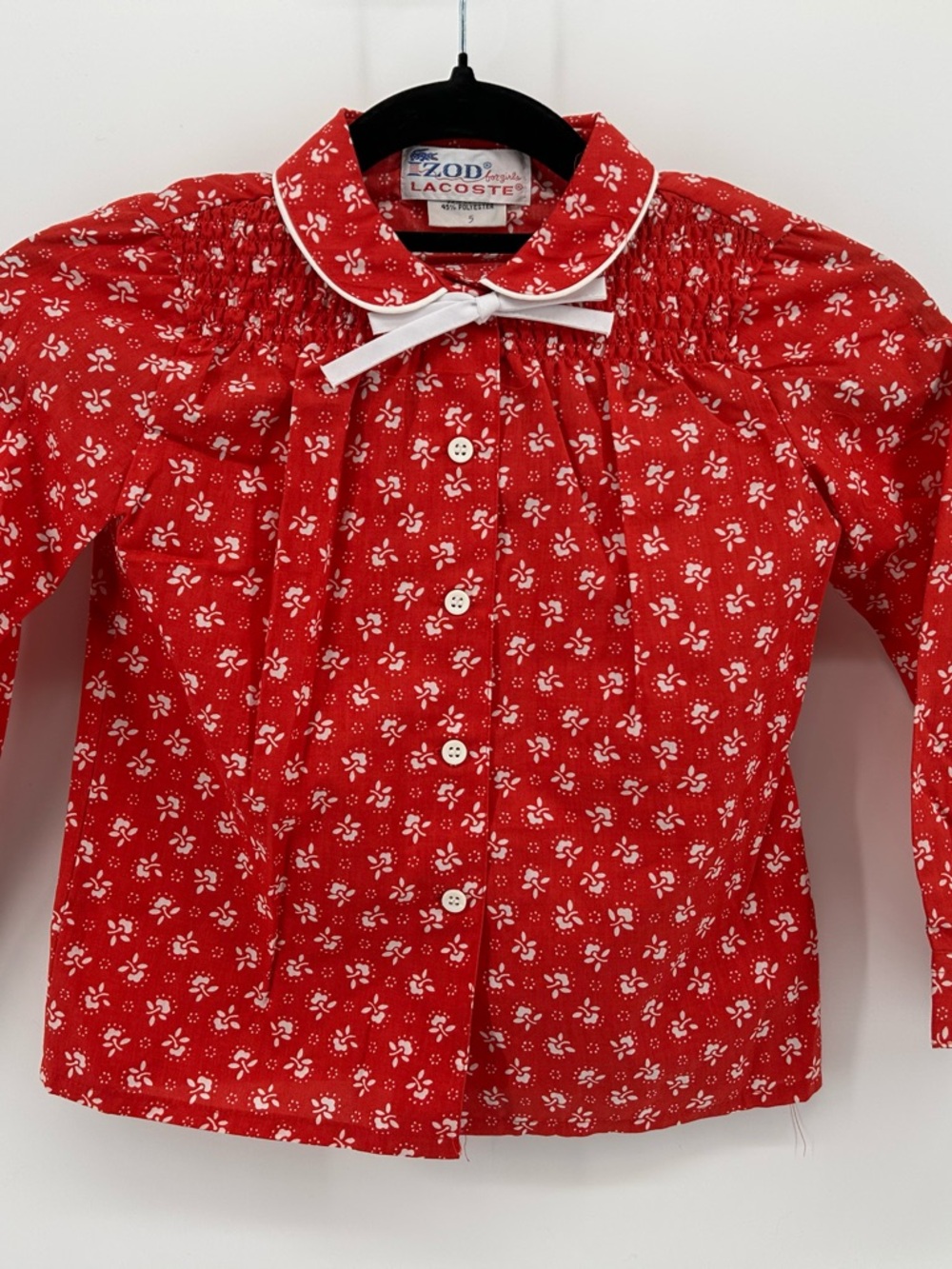 Vintage Izod Lacoste Girls' Red Floral Button-Front Blouse with White Trim